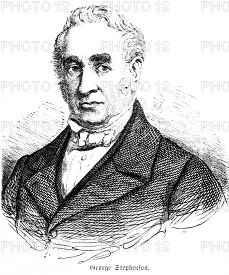 George Stephenson (1771-1848) English engineer and founder of the railway, developer of a steam locomotive, first public railway in the world in Stockton in 1825, construction of railway lines, industry, economy, technology, inventions in the 18th century, historical illustration 1872, Germany