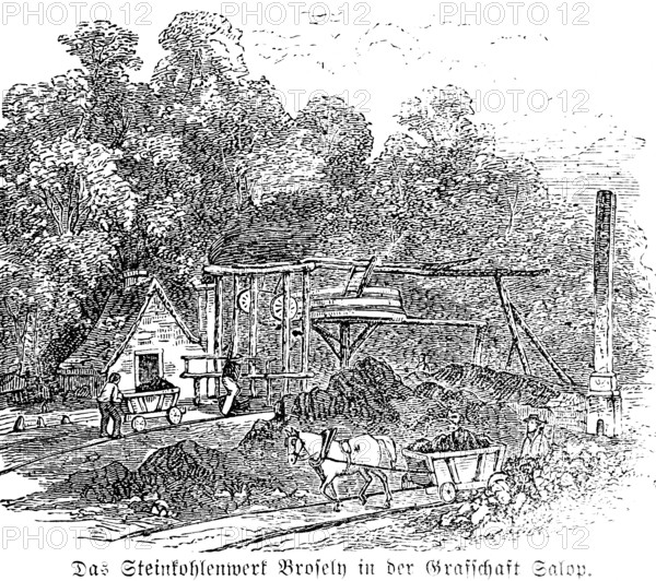 Broseley coal mine in the county of Shropshire, England, mineral resource coal, mine, inventions in the 18th century, technology, industrialisation, horse pulling lorry, miner, wooden frame, coal pile, smelter, chimney, historical illustration 1872, Germany