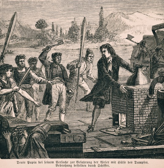 Denis Papin attempting to navigate the Weser with the aid of steam. Threat to the same by boatmen, year 1707, new technology, fire, axe, oar blades, danger, riverbank landscape, inventions in the 18th century, historical illustration 1872, Germany