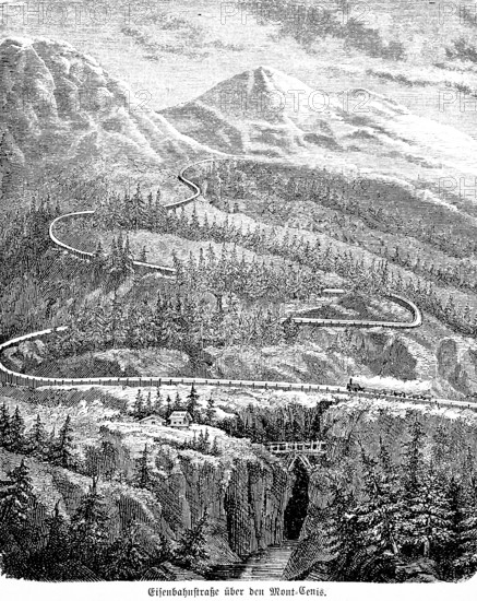 Railway road across the Tyrolean Alps, Austria, mountain landscape, gorge, tracks in serpentine lines, transport, technology, inventions in the 19th century, historical illustration 1872, Germany