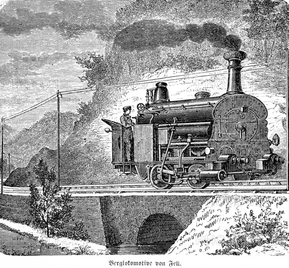 Mountain locomotive by Fell, English engineer, smoking steam locomotive, mountain landscape, boiler, rails, engine driver outdoors, stream, industry, economy, inventions in the 19th century, historical illustration 1872, Germany
