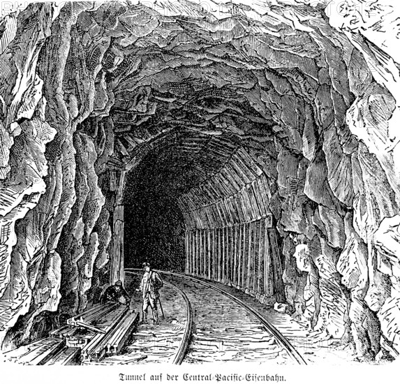 Tunnel on the Central Pacific Railway, America, 19th century inventions, mountain, railway line, track, worker, rock, pillar, drill, quarry, granite, technology, historical illustration 1872, Germany