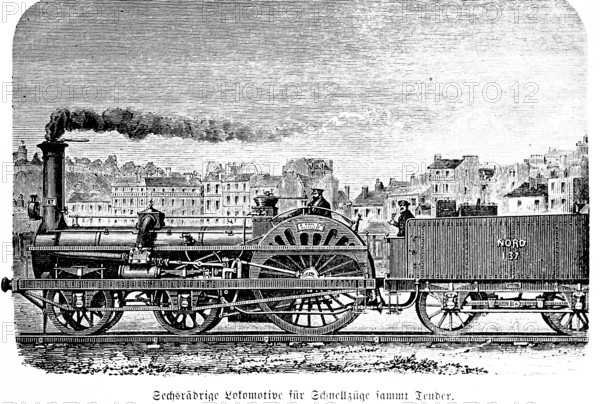 Six-wheel locomotive for express trains with tender, smoking steam locomotive, coal trailer, speed, rail transport, technology, industry, economy, cityscape, inventions in the 19th century, historical illustration 1872, Germany