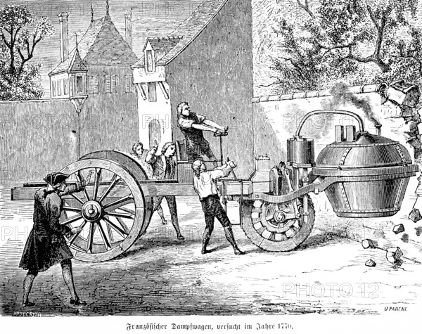 French steam carriage in 1770, first experiments, Paris, workers, steam boiler, three wooden wheels, city view, spectators, inventions in the 18th century, technology, industrialisation, historical illustration 1872, Germany