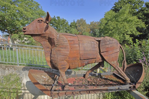 Sculpture by Clemens, rusty ox figure, metal sculpture, forging, life-size, Volkach, Lower Franconia, Franconia, Bavaria, Germany