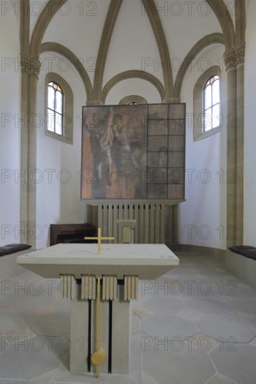 Altar with modern painting, St Boniface Castle Chapel, interior view, Salzburg Castle, Bad Neustadt an der Saale, Rhön, Lower Franconia, Franconia, Bavaria, Germany
