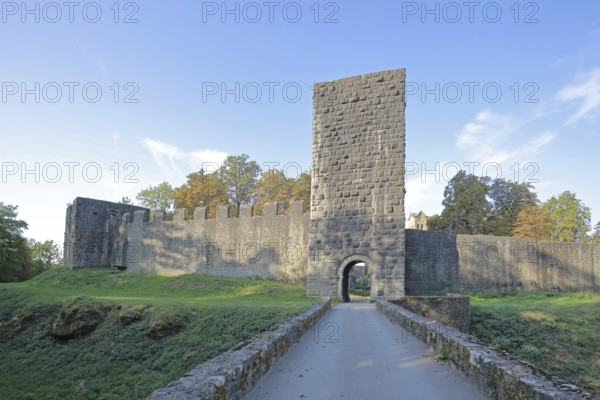 Salzburg Castle built in the 11th century, bridge, gate tower, Bad Neustadt an der Saale, Rhön, Lower Franconia, Franconia, Bavaria, Germany