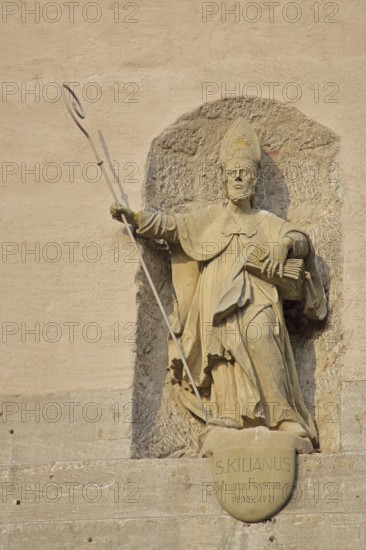 Patron saint Saint Kilian with crosier, sculpture, statue, inscription, Hohntor, Bad Neustadt an der Saale, Rhön, Lower Franconia, Franconia, Bavaria, Germany