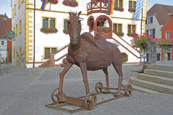 Horse figure from the Clemens company 2008, artwork, rusty steel sculpture, frame, wheels, forging, handicraft, modern art, market square, town hall, Volkach, Lower Franconia, Franconia, Bavaria, Germany