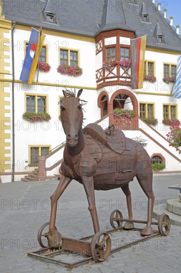Horse figure from the Clemens company 2008, artwork, rusty steel sculpture, frame, wheels, forging, handicraft, modern art, market square, town hall, Volkach, Lower Franconia, Franconia, Bavaria, Germany