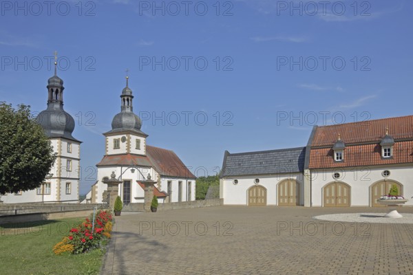 Inner courtyard of the baroque castle, castle church, Sulzdorf an der Lederhecke, Lower Franconia, Franconia, Bavaria, Germany