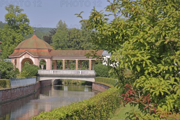 Wernarz spring temple built in 1911 and bridge over the river Sinn, temple, Art Nouveau, spa gardens, promenade hall, state bath, Bad Brückenau, Rhön, Bavaria, Germany