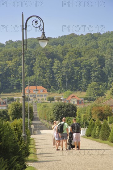 Spa gardens with tourists and pedestrians, view of Fürstenhof, street lamp, path, family excursion, state bath, Bad Brückenau, Rhön, Bavaria, Germany