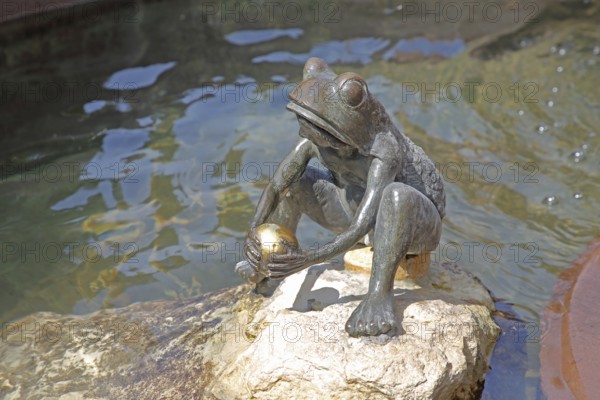 Frog King with golden ball by the water, sculpture, fairytale figure, fairytale fountain, market square, Steinau an der Straße, Spessart, Hesse, Germany