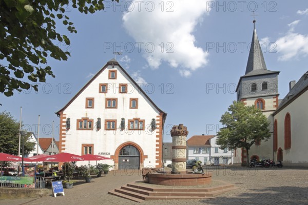 Town hall and fairytale fountain, St Catherine's Church, market square, Steinau an der Straße, Spessart, Hesse, Germany
