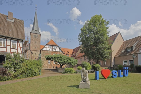 Heart sign as a symbol of solidarity and love for the city of SLÜ, monument to medieval humanist, poet and publicist Ulrich von Hutten, monastery, church tower, decoration, heart-shaped, shape, I, i, three, letters, love, Schlüchtern, Schlüchtern, Vogelsberg, Hesse, Germany