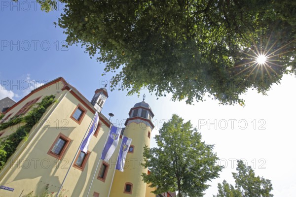 Town hall built in the 16th century with town flag and backlight, view upwards, perspective, Schlüchtern, Vogelsberg, Hesse, Germany