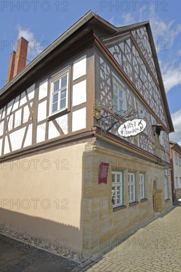 Historic Happach house, half-timbered house with decorations, gable, nose shield, Heldburg, Thuringia, Germany