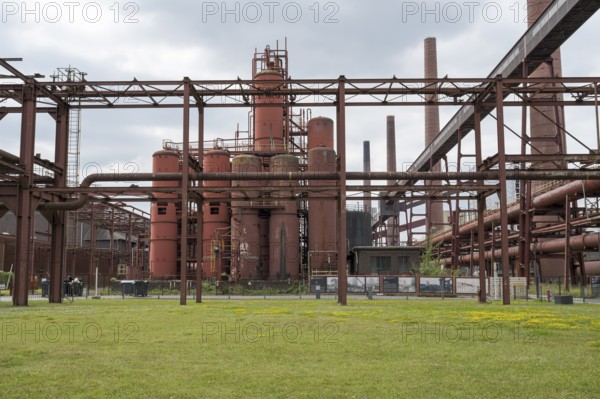 Pre-coolers and chimneys on the site of the coking plant, Zollverein Coal Mine Industrial Complex, UNESCO World Heritage Site, Route of Industrial Heritage, Essen, Ruhr area, North Rhine-Westphalia, Germany