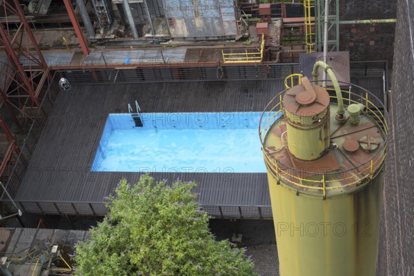 View from above of the works swimming pool, coking plant, Zollverein Coal Mine Industrial Complex, UNESCO World Heritage Site, Route of Industrial Heritage, Essen, Ruhr area, North Rhine-Westphalia, Germany