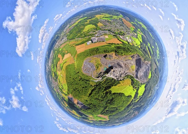 Aerial photo, Ebel quarry, Habbeler Bach Müschede, earth globe, fisheye image, 360 degree image, tiny world, little planet, fisheye image, Müschede, Arnsberg, Sauerland, North Rhine-Westphalia, Germany, Arnsberg Forest, DE, Europe, fisheye lens, fisheye lens, aerial photography, aerial photography, aerial photography, Ruhr area, quarry, super wide angle lens, overview, bird's eye view, birds-eyes view, fisheye lens, insta360 camera, overview