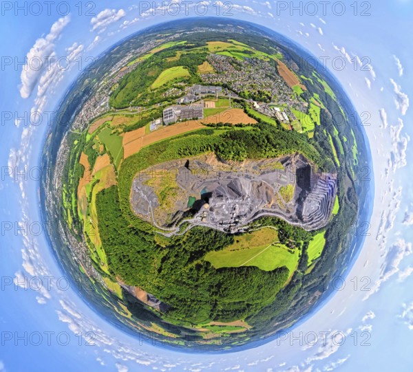 Aerial photo, Ebel quarry, Habbeler Bach Müschede, earth globe, fisheye image, 360 degree image, tiny world, little planet, fisheye image, Müschede, Arnsberg, Sauerland, North Rhine-Westphalia, Germany, Arnsberg Forest, DE, Europe, fisheye lens, fisheye lens, aerial photography, aerial photography, aerial photography, Ruhr area, quarry, super wide angle lens, overview, bird's eye view, birds-eyes view, fisheye lens, insta360 camera, overview