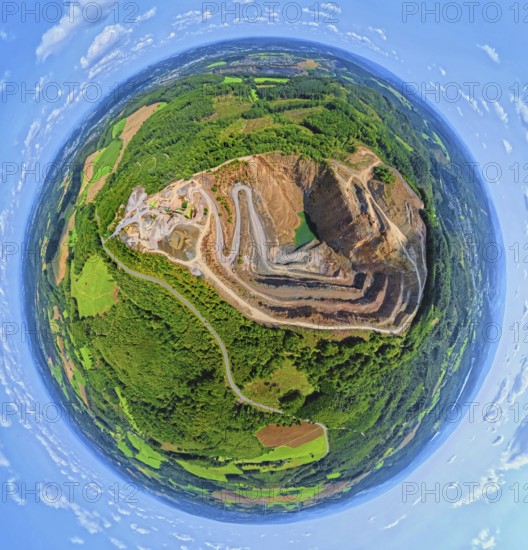 Aerial photo, Ebel quarry, Effenberg plant, Herdringen, earth globe, fisheye image, 360 degree image, tiny world, little planet, fisheye image, Hachen, Sundern, Sauerland, North Rhine-Westphalia, Germany, Arnsberg, Arnsberg Forest, DE, Europe, fisheye lens, fisheye lens, aerial photography, aerial photography, aerial photography, Ruhr area, quarry, super wide angle lens, overview, bird's eye view, birds-eyes view, fisheye lens, insta360 camera, overview