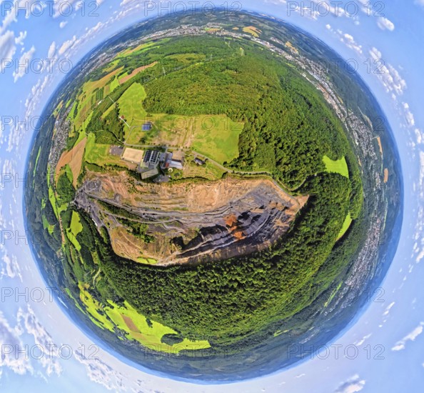 Aerial photo, Lanwehr Quarry Am Langen Stück, Riding and Driving Club Arnsberg und Umgebung e.V. Wicheler Höhe, earth globe, fisheye shot, fisheye shot, 360 degree shot, tiny world, little planet, fisheye picture, Müschede, Arnsberg, Sauerland, North Rhine-Westphalia, Germany, Arnsberg Forest, DE, Europe, fisheye lens, fisheye lens, aerial view, aerial photography, aerial photography, Ruhr area, quarry, super wide angle lens, overview, bird's eye view, bird's eye view, fisheye lens, insta360 camera, overview
