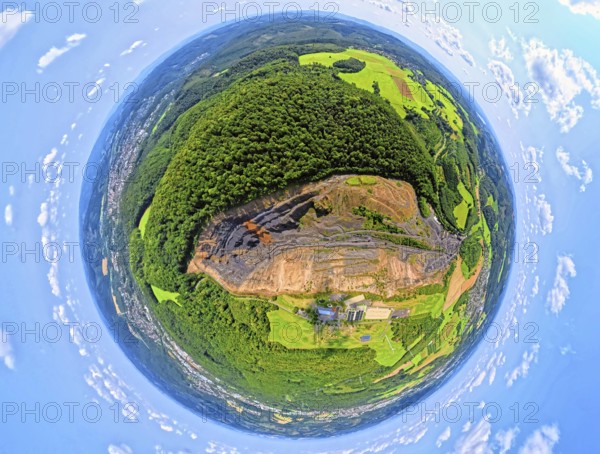 Aerial photo, Lanwehr Quarry Am Langen Stück, Riding and Driving Club Arnsberg und Umgebung e.V. Wicheler Höhe, earth globe, fisheye shot, fisheye shot, 360 degree shot, tiny world, little planet, fisheye picture, Müschede, Arnsberg, Sauerland, North Rhine-Westphalia, Germany, Arnsberg Forest, DE, Europe, fisheye lens, fisheye lens, aerial view, aerial photography, aerial photography, Ruhr area, quarry, super wide angle lens, overview, bird's eye view, bird's eye view, fisheye lens, insta360 camera, overview