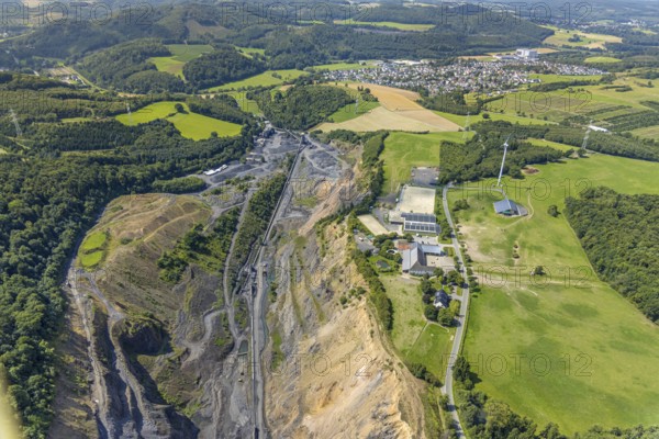 Aerial view, quarry Lanwehr Naturstein GmbH Am Langen Stück, riding and driving club Arnsberg und Umgebung e.V. Wicheler Höhe, Müschede, Arnsberg, Ruhr area, North Rhine-Westphalia, Germany, DE, Europe, aerial view, aerial photography, aerial photography, equestrian sports, equestrian centre, equestrian centre, equestrian sports, equestrian centre, riding stable, riding club, quarry, overview, bird's eye view, overview