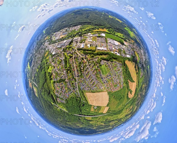 Aerial view, residential area, view of Niedereimer district and commercial area Nidereimerfeld, earth globe, fisheye image, 360 degree image, tiny world, little planet, fisheye image, Niedereimer, Arnsberg, Sauerland, North Rhine-Westphalia, Germany, DE, Europe, fisheye lens, fisheye lens, commercial enterprises, commercial area, commercial area, commercial property, commercial park, commercial location, commercial use, property tax, real estate, industrial area, industrial location, aerial photography, aerial photography, aerial photography, Ruhr area, super wide-angle lens, overview, bird's-eye view, residential area, residential area, residential quality, residential neighbourhood, residential estate, residential district, birds-eyes view, fisheye lens, insta360 camera, overview