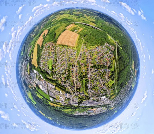 Aerial view, residential area, view of Niedereimer district and Niedereimerfeld commercial area, globe, fisheye image, 360 degree image, tiny world, little planet, fisheye image, Niedereimer, Arnsberg, Sauerland, North Rhine-Westphalia, Germany, DE, Europe, fisheye lens, fisheye lens, commercial enterprises, commercial area, commercial area, commercial property, commercial park, commercial location, commercial use, property tax, real estate, industrial area, industrial location, aerial photography, aerial photography, aerial photography, Ruhr area, super wide-angle lens, overview, bird's eye view, residential area, residential area, residential quality, residential neighbourhood, residential estate, residential area, birds-eyes view, fisheye lens, insta360 camera, overview