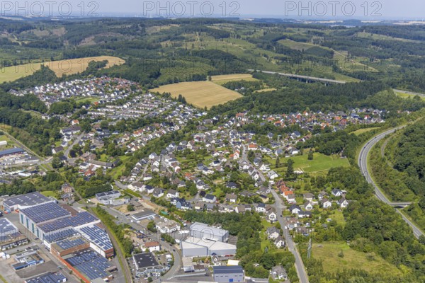 Aerial view, residential area, local view of Niedereimer in the forest area, motorway bridge of the A46 motorway, Arnsberg, Ruhr area, North Rhine-Westphalia, Germany, DE, Europe, property tax, real estate, aerial view, aerial photography, aerial photography, overview, bird's-eye view, residential area, residential area, residential quality, residential quarter, housing estate, residential district, birds-eyes view, overview