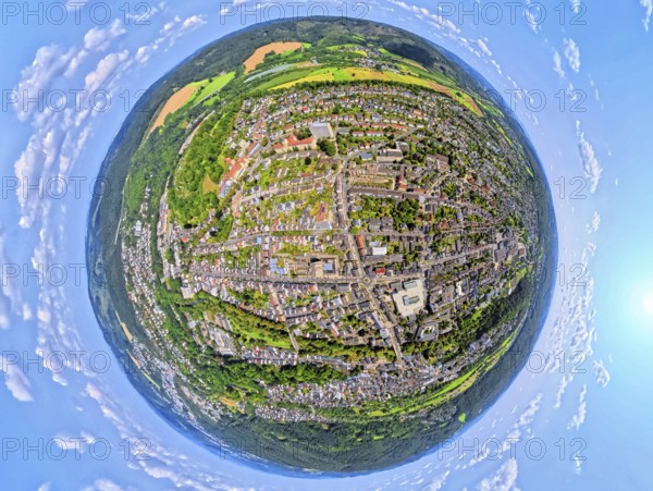 Aerial view, city centre view with town hall district government Arnsberg, earth globe, fisheye image, fisheye image, 360 degree image, tiny world, little planet, fisheye image, Arnsberg, Sauerland, North Rhine-Westphalia, Germany, authority, district administration, town hall, DE, Europe, fisheye lens, fisheye lens, aerial view, aerial photography, aerial photography, town hall, Ruhr area, city administration, super wide angle lens, overview, bird's eye view, birds-eyes view, fisheye lens, insta360 camera, overview