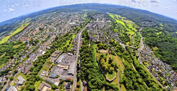 Aerial photo, Arnsberg castle ruins on the Schlossberg, earth globe, fisheye image, 360 degree image, tiny world, little planet, fisheye image, Obereimer, Arnsberg, Sauerland, North Rhine-Westphalia, Germany, castle, DE, Europe, fisheye lens, fisheye lens, aerial photography, aerial photography, aerial photography, Ruhr area, castle, castle ruins, super wide angle lens, overview, bird's eye view, birds-eyes view, fisheye lens, insta360 camera, overview