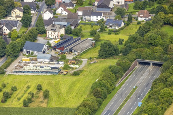 Aerial view, residential area, view of Uentrop district with tunnel and green bridge over the A46 motorway, Uentrop, Arnsberg, Ruhr area, North Rhine-Westphalia, Germany, DE, Europe, aerial view, aerial photography, aerial photography, overview, bird's-eye view, overview