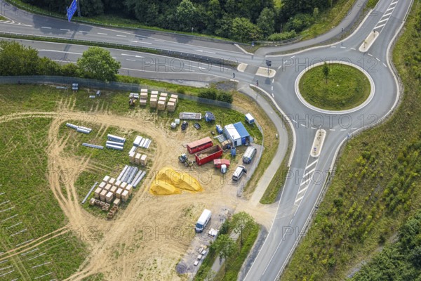 Aerial view, construction site next to the roundabout Casparistraße, Uentrop, Arnsberg, Ruhr area, North Rhine-Westphalia, Germany, construction work, construction area, construction site, building plots, construction project, construction site, DE, Europe, roundabout, aerial view, aerial photography, aerial photography, overview, bird's-eye view, overview