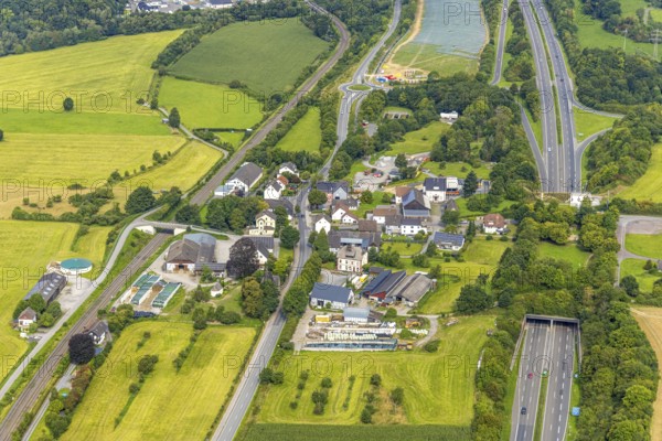 Aerial view, residential area, view of Uentrop district with tunnel and green bridge over the A46 motorway, Uentrop, Arnsberg, Ruhr area, North Rhine-Westphalia, Germany, DE, Europe, aerial view, aerial photography, aerial photography, overview, bird's-eye view, overview