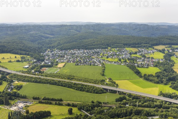 Aerial photo, residential area, view of Rumbeck district in Arnsberg Forest with distant view, Rumbeck, Arnsberg, Ruhr area, North Rhine-Westphalia, Germany, DE, Europe, aerial view, aerial photography, aerial photography, overview, bird's-eye view, overview