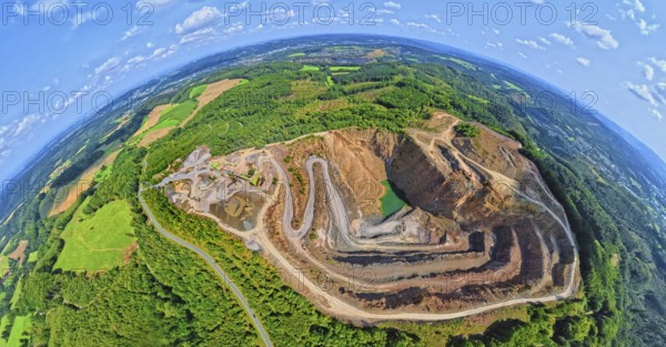 Aerial photo, Ebel quarry, Effenberg plant, Herdringen, earth globe, fisheye image, 360 degree image, tiny world, little planet, fisheye image, Hachen, Sundern, Sauerland, North Rhine-Westphalia, Germany, Arnsberg, Arnsberg Forest, DE, Europe, fisheye lens, fisheye lens, aerial photography, aerial photography, aerial photography, Ruhr area, quarry, super wide angle lens, overview, bird's eye view, birds-eyes view, fisheye lens, insta360 camera, overview