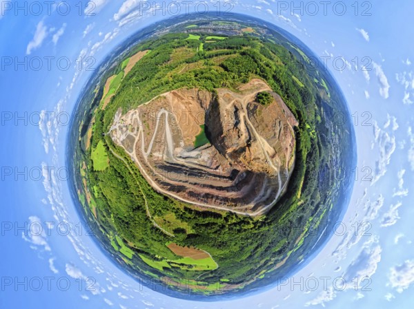 Aerial photo, Ebel quarry, Effenberg plant, Herdringen, earth globe, fisheye image, 360 degree image, tiny world, little planet, fisheye image, Hachen, Sundern, Sauerland, North Rhine-Westphalia, Germany, Arnsberg, Arnsberg Forest, DE, Europe, fisheye lens, fisheye lens, aerial photography, aerial photography, aerial photography, Ruhr area, quarry, super wide angle lens, overview, bird's eye view, birds-eyes view, fisheye lens, insta360 camera, overview