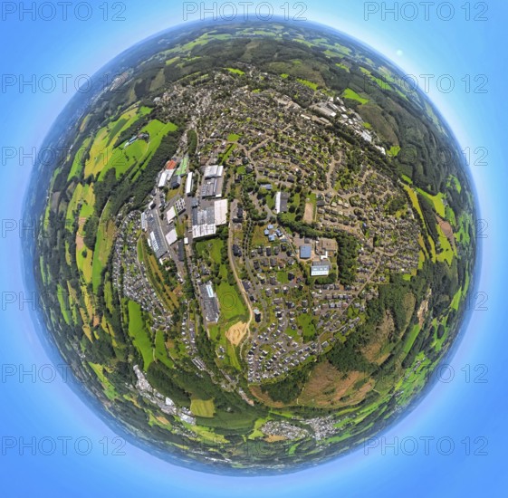 Aerial photo, residential area, local view, Niedereimer district, earth globe, fisheye shot, 360 degree shot, tiny world, little planet, fisheye image, Drolshagen, Ruhr area, North Rhine-Westphalia, Germany, Arnsberg, DE, Europe, fisheye lens, fisheye lens, property tax, real estate, little planet, aerial photography, aerial photography, super wide angle lens, tiny world, overview, bird's eye view, housing estate, living and living, residential area, residential quality, residential neighbourhood, housing estate, residential area, birds-eyes view, fisheye lens, insta360 camera, overview