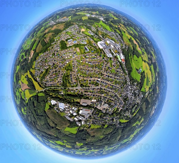 Aerial photo, residential area, local view, Niedereimer district, earth globe, fisheye shot, 360 degree shot, tiny world, little planet, fisheye image, Drolshagen, Ruhr area, North Rhine-Westphalia, Germany, Arnsberg, DE, Europe, fisheye lens, fisheye lens, property tax, real estate, little planet, aerial photography, aerial photography, super wide angle lens, tiny world, overview, bird's eye view, housing estate, living and living, residential area, residential quality, residential neighbourhood, housing estate, residential area, birds-eyes view, fisheye lens, insta360 camera, overview