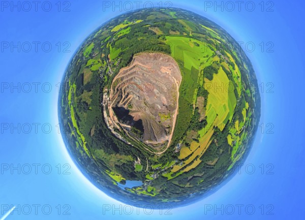 Aerial view, Ebel quarry, Effenberg plant surrounded by meadows and fields, globe, fisheye image, 360 degree image, tiny world, little planet, fisheye image, Hunswinkel, Meinerzhagen, Ruhr area, North Rhine-Westphalia, Germany, Arnsberg, DE, Europe, fisheye lens, fisheye lens, Little Planet, aerial photography, aerial photography, super wide angle lens, Tiny World, overview, bird's eye view, birds-eyes view, fisheye lens, insta360 camera, overview