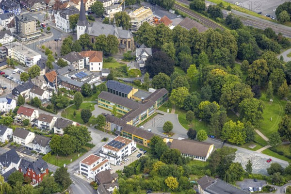 Aerial view, Bildungsakademie Hochsauerland Campus Arnsberg, St.-Petri-Kirche, Hüsten, Arnsberg, Ruhr area, North Rhine-Westphalia, Germany, place of worship, education, educational institution, DE, Europe, religious community, place of worship, holy place, church, parish, denomination, educational institute, aerial view, aerial photography, aerial photography, religion, religious site, school, overview, bird's eye view, birds-eyes view, overview