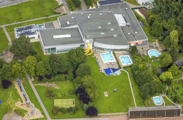 Aerial view, NASS leisure pool, outdoor and indoor pool, Hüsten, Arnsberg, Ruhr area, North Rhine-Westphalia, Germany, bathing establishment, bathing resort, DE, Europe, outdoor pool, leisure activities, indoor pool, aerial view, aerial photography, aerial photography, swimming pool, overview, bird's-eye view, overview