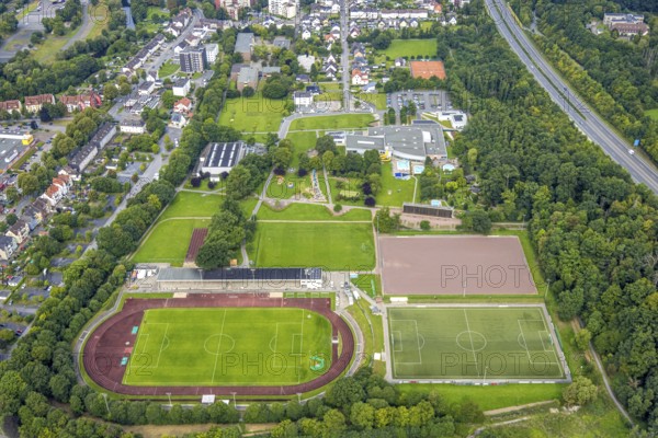 Aerial view, sports centre Große Wiese with football stadium and athletics stadium Große Wiese, SV Hüsten 09, Hüsten, Arnsberg, Ruhr area, North Rhine-Westphalia, Germany, DE, Europe, football field, football stadium, football club, aerial view, aerial photography, aerial photography, sports, sports facilities, sports field, sports facility, stadium, overview, bird's-eye view, bird's-eye view, overview
