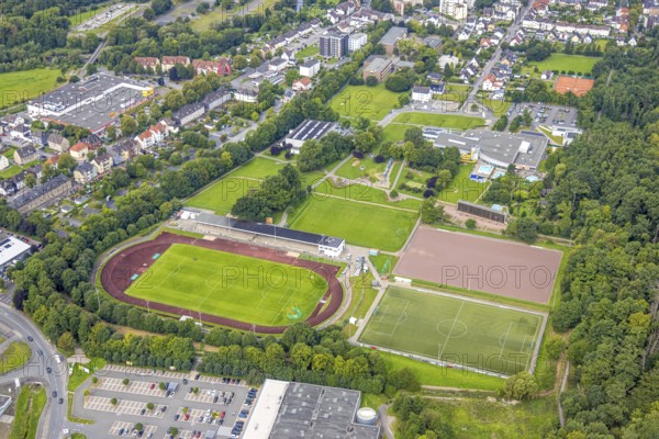 Aerial view, sports centre Große Wiese with football stadium and athletics stadium Große Wiese, SV Hüsten 09, Hüsten, Arnsberg, Ruhr area, North Rhine-Westphalia, Germany, DE, Europe, football field, football stadium, football club, aerial view, aerial photography, aerial photography, sports, sports facilities, sports field, sports facility, stadium, overview, bird's-eye view, bird's-eye view, overview