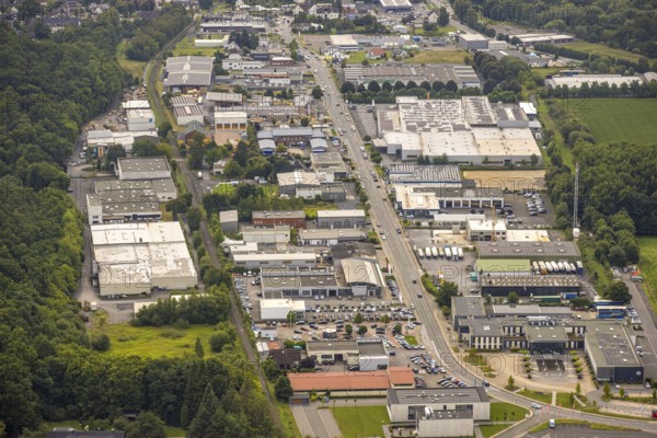 Aerial view, industrial area Niedereimerfeld, Niedereimer, Arnsberg, Ruhr area, North Rhine-Westphalia, Germany, DE, Europe, commercial enterprises, commercial area, commercial area, commercial property, commercial park, commercial location, commercial use, industrial area, industrial location, aerial photograph, aerial photography, aerial photography, overview, bird's-eye view, overview