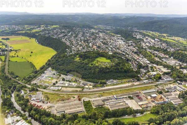 Aerial view, residential area local view district Obereimer and allotment garden association Lüsenberg e.V. in the forest, railway line, distant view Arnsberger Wald, Obereimer, Arnsberg, Ruhr area, North Rhine-Westphalia, Germany, railway tracks, DE, Europe, community garden, property tax, real estate, KGV, allotment garden, allotment garden site, allotment garden association, allotment garden association, allotment garden colony, aerial view, aerial photography, aerial photography, allotment garden, overview, bird's eye view, housing estate, housing and living, residential area, quality of living, residential neighbourhood, housing estate, residential area, birds-eyes view, overview